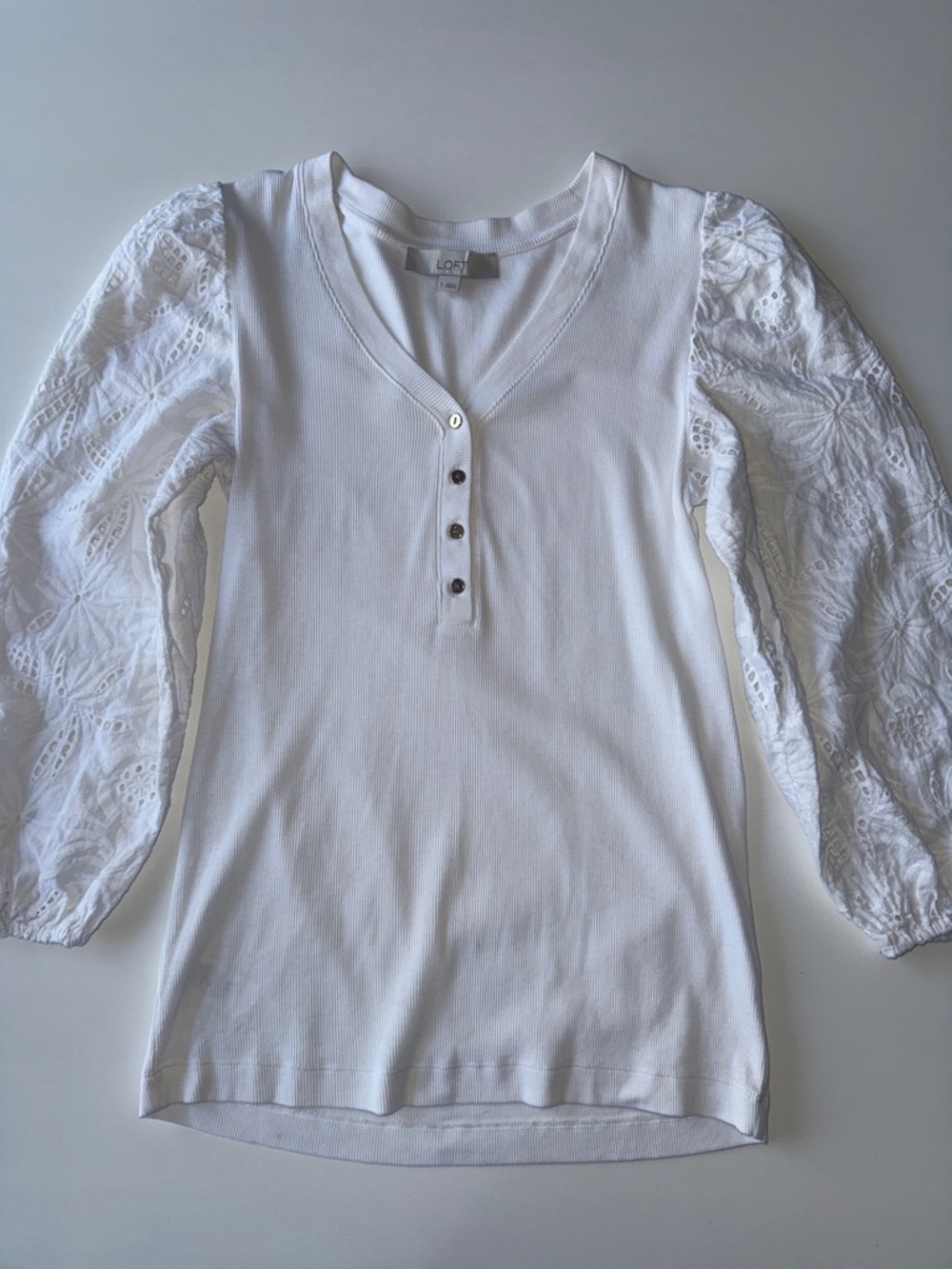 LOFT White Ribbed V-Neck Henley Top